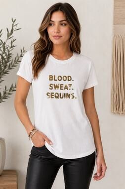 Bow & Drape Blood Sweat Sequins Graphic Tee White Gold Sequin S/S Crew Neck M